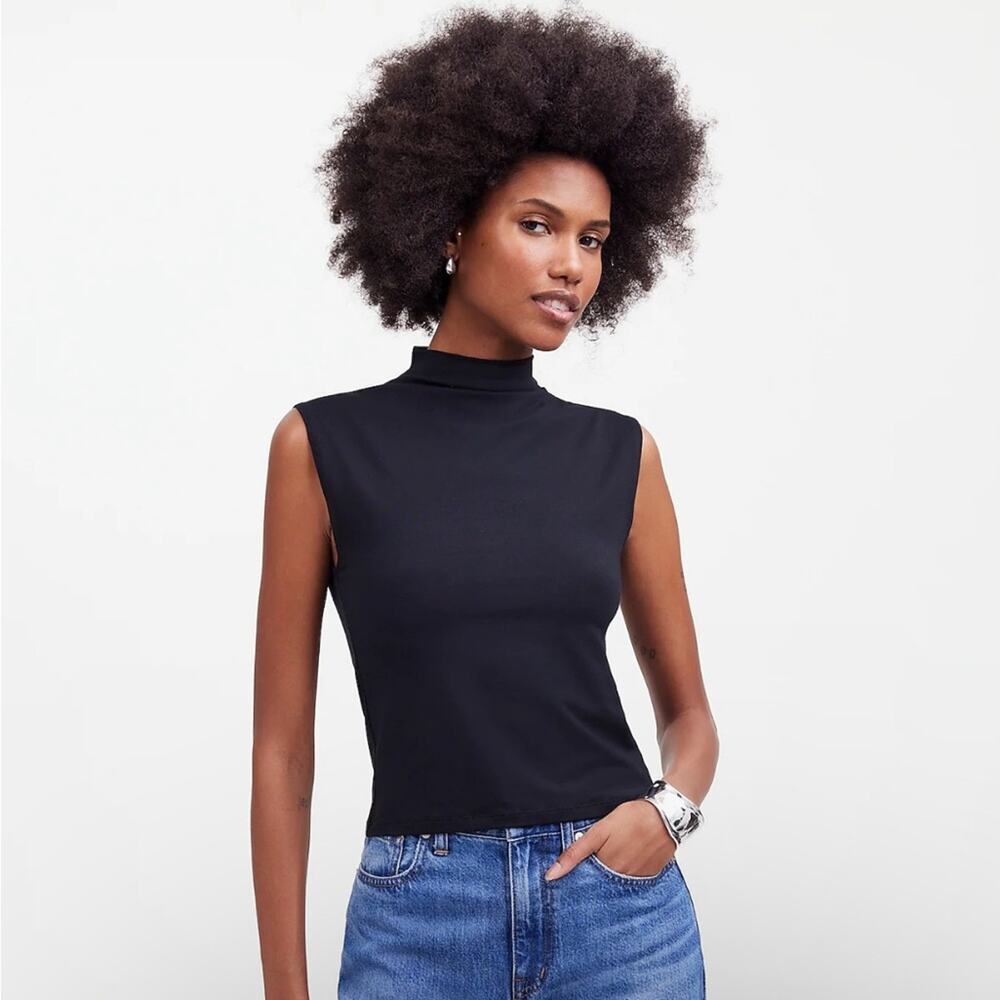 Madewell True Black‎ Funnel Neck Cropped Muscle Sleeveless Tee Sz XS NEW
